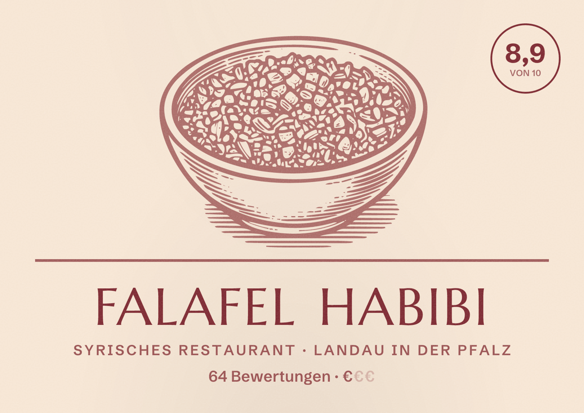 Illustriertes Poster von Falafel Habibi, Syrisches Restaurant in Landau in der Pfalz: Bewertung 8,9 von 10 aus 64 Bewertungen, Preisniveau €
