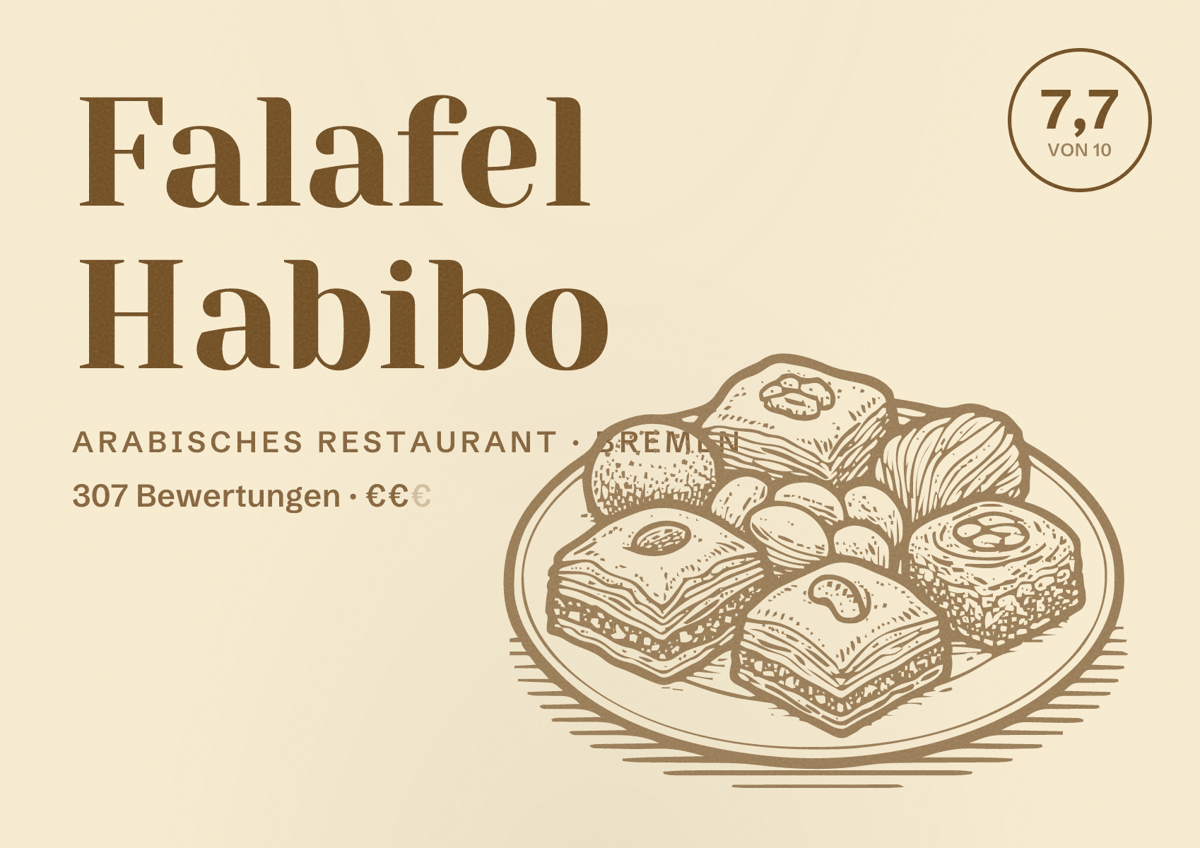 Illustriertes Poster von Falafel Habibo, Arabisches Restaurant in Bremen: Bewertung 7,7 von 10 aus 307 Bewertungen, Preisniveau €€