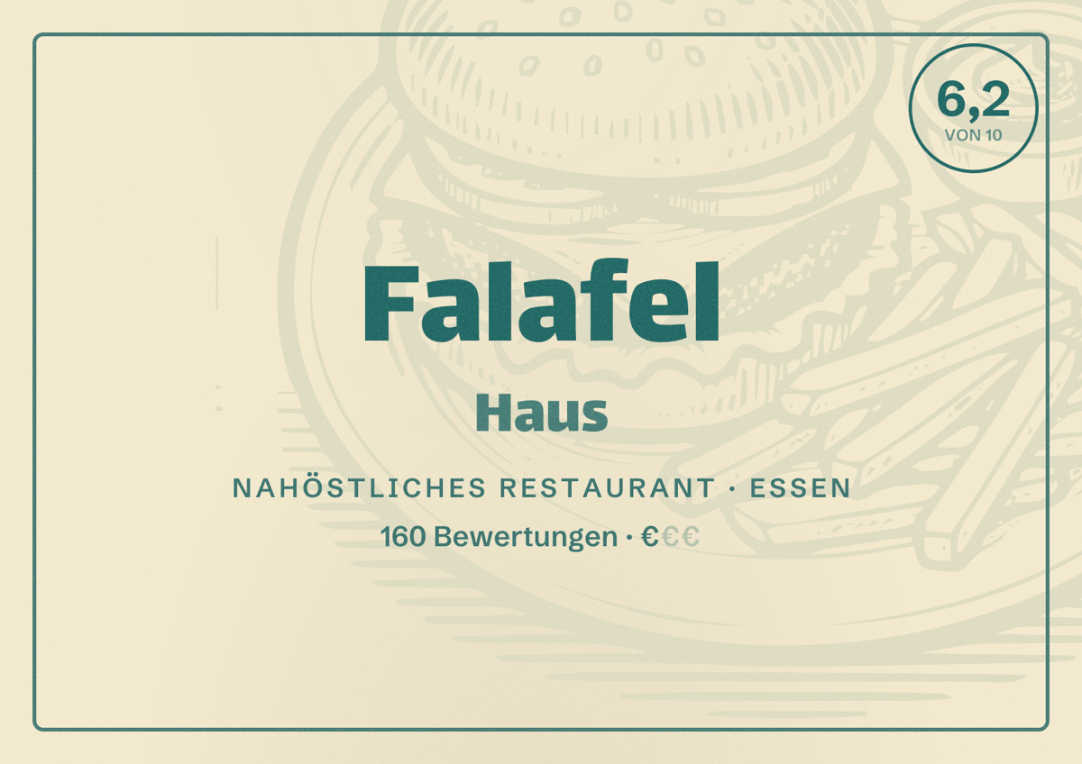Illustriertes Poster von Falafel Haus, Nahöstliches Restaurant in Essen: Bewertung 6,2 von 10 aus 160 Bewertungen, Preisniveau €