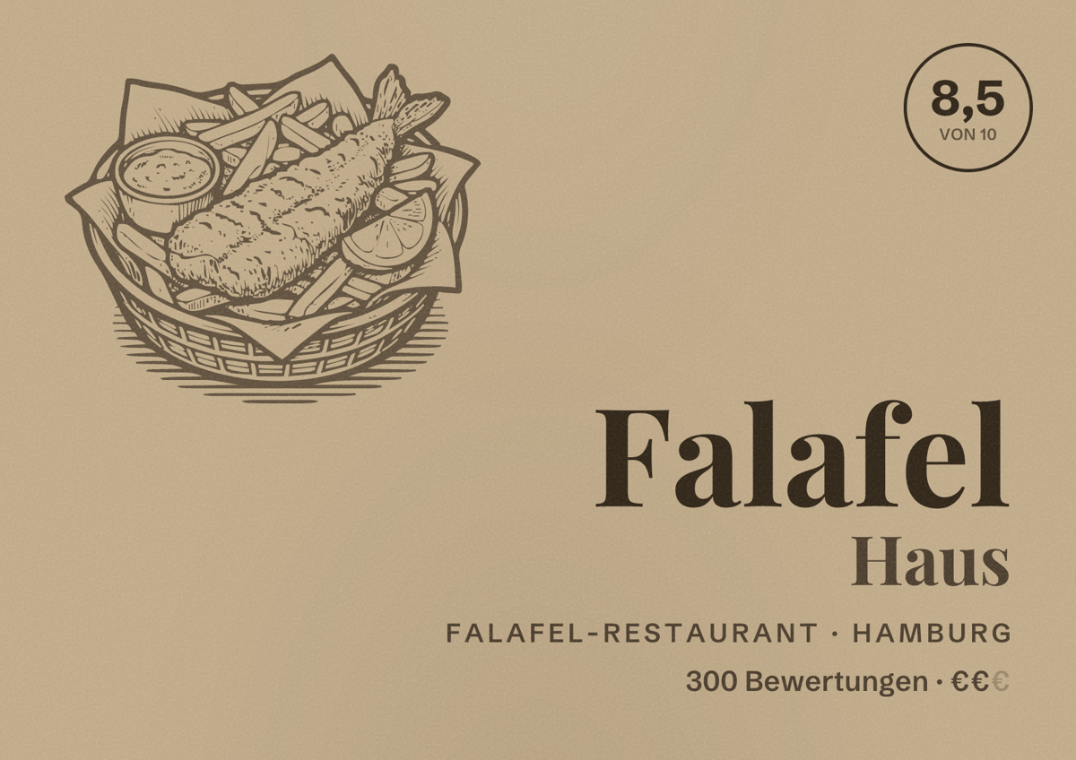Illustriertes Poster von Falafel Haus, Falafel-Restaurant in Hamburg: Bewertung 8,5 von 10 aus 300 Bewertungen, Preisniveau €€