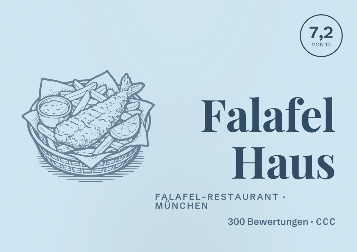 Illustriertes Poster von Falafel Haus, Falafel-Restaurant in München: Bewertung 7,2 von 10 aus 300 Bewertungen, Preisniveau €€€