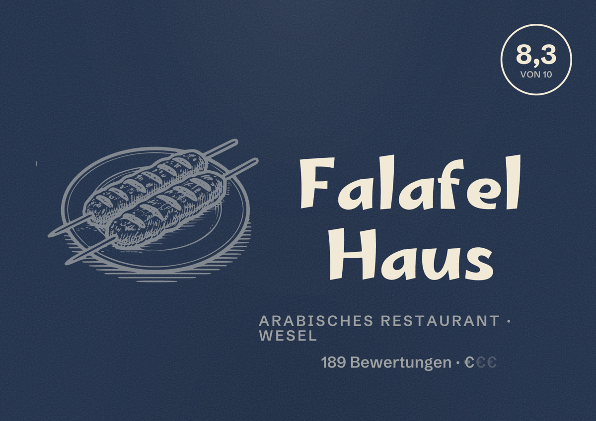 Illustriertes Poster von Falafel Haus, Arabisches Restaurant in Wesel: Bewertung 8,3 von 10 aus 189 Bewertungen, Preisniveau €