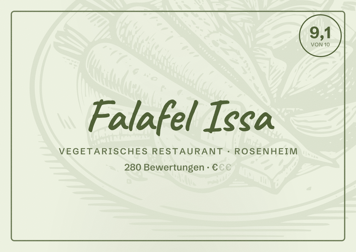Illustriertes Poster von Falafel Issa, Vegetarisches Restaurant in Rosenheim: Bewertung 9,1 von 10 aus 280 Bewertungen, Preisniveau €