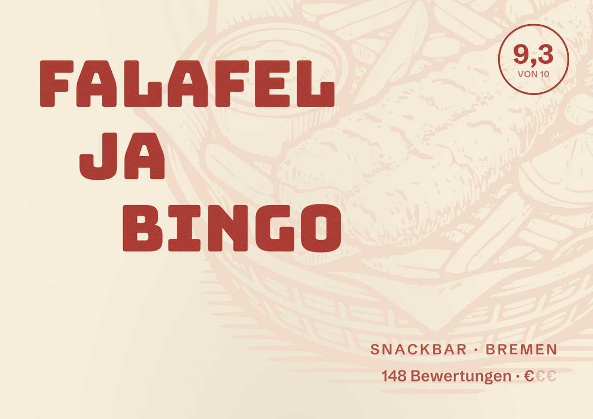 Illustriertes Poster von Falafel Ja Bingo, Snackbar in Bremen: Bewertung 9,3 von 10 aus 148 Bewertungen, Preisniveau €