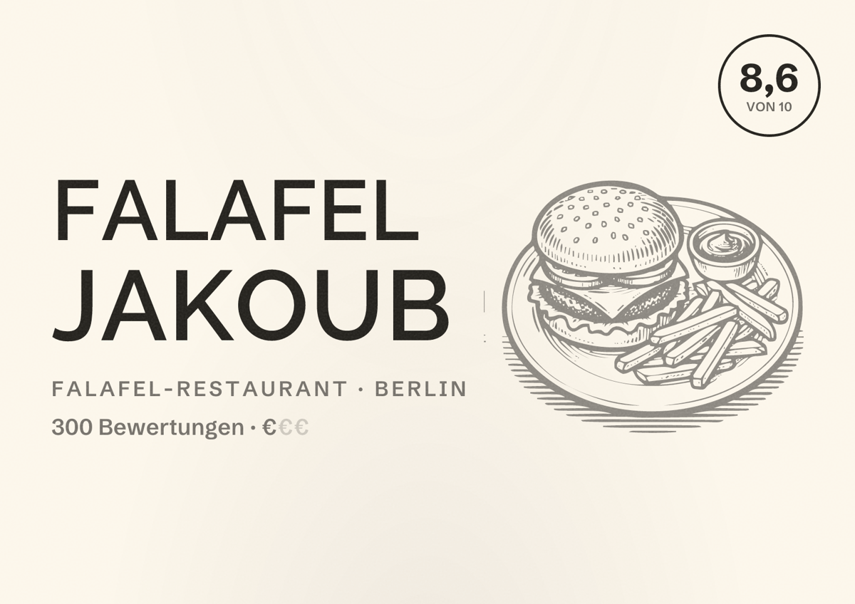 Illustriertes Poster von Falafel Jakoub, Falafel-Restaurant in Berlin: Bewertung 8,6 von 10 aus 300 Bewertungen, Preisniveau €
