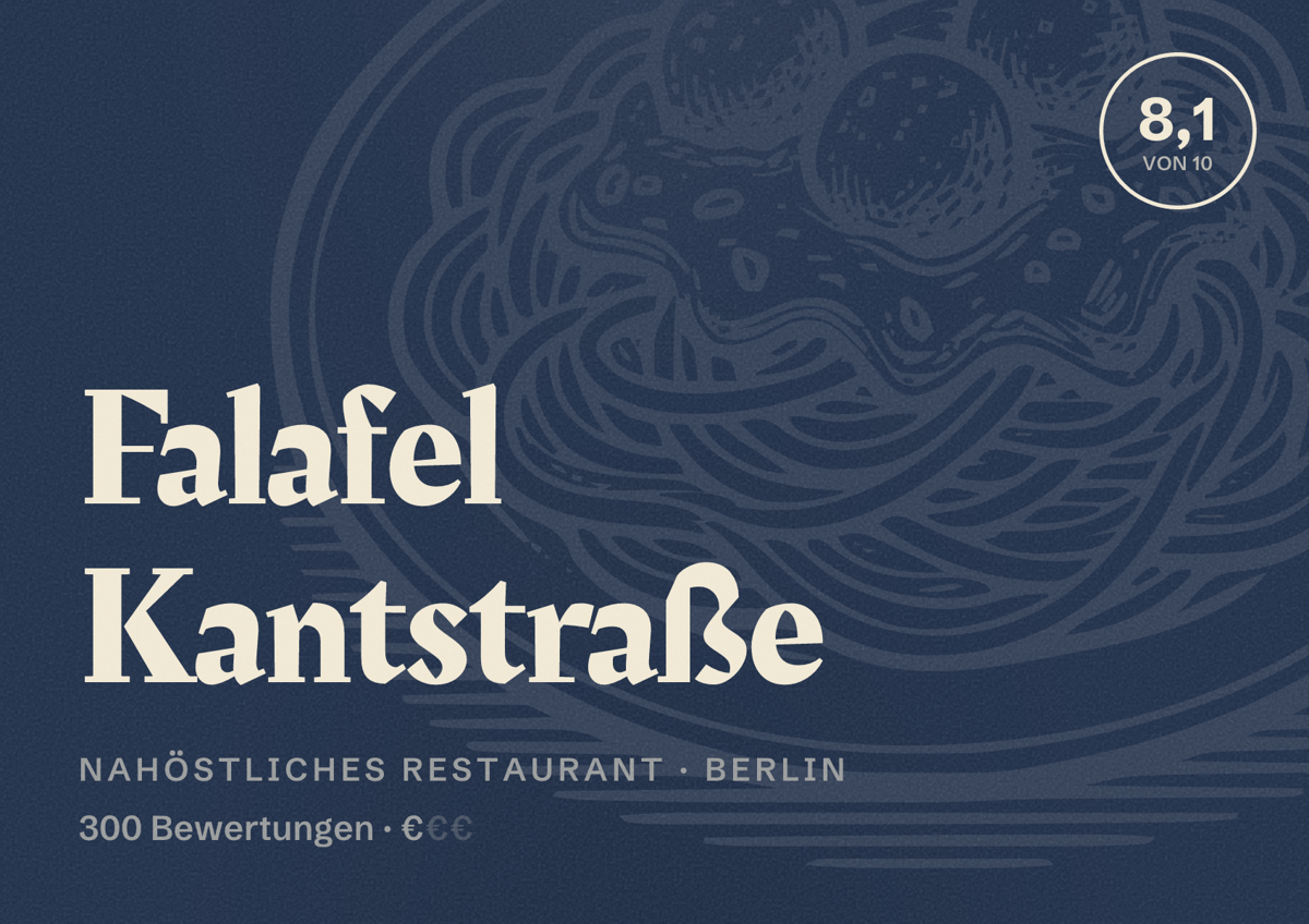 Illustriertes Poster von Falafel Kantstraße, Nahöstliches Restaurant in Berlin: Bewertung 8,1 von 10 aus 300 Bewertungen, Preisniveau €