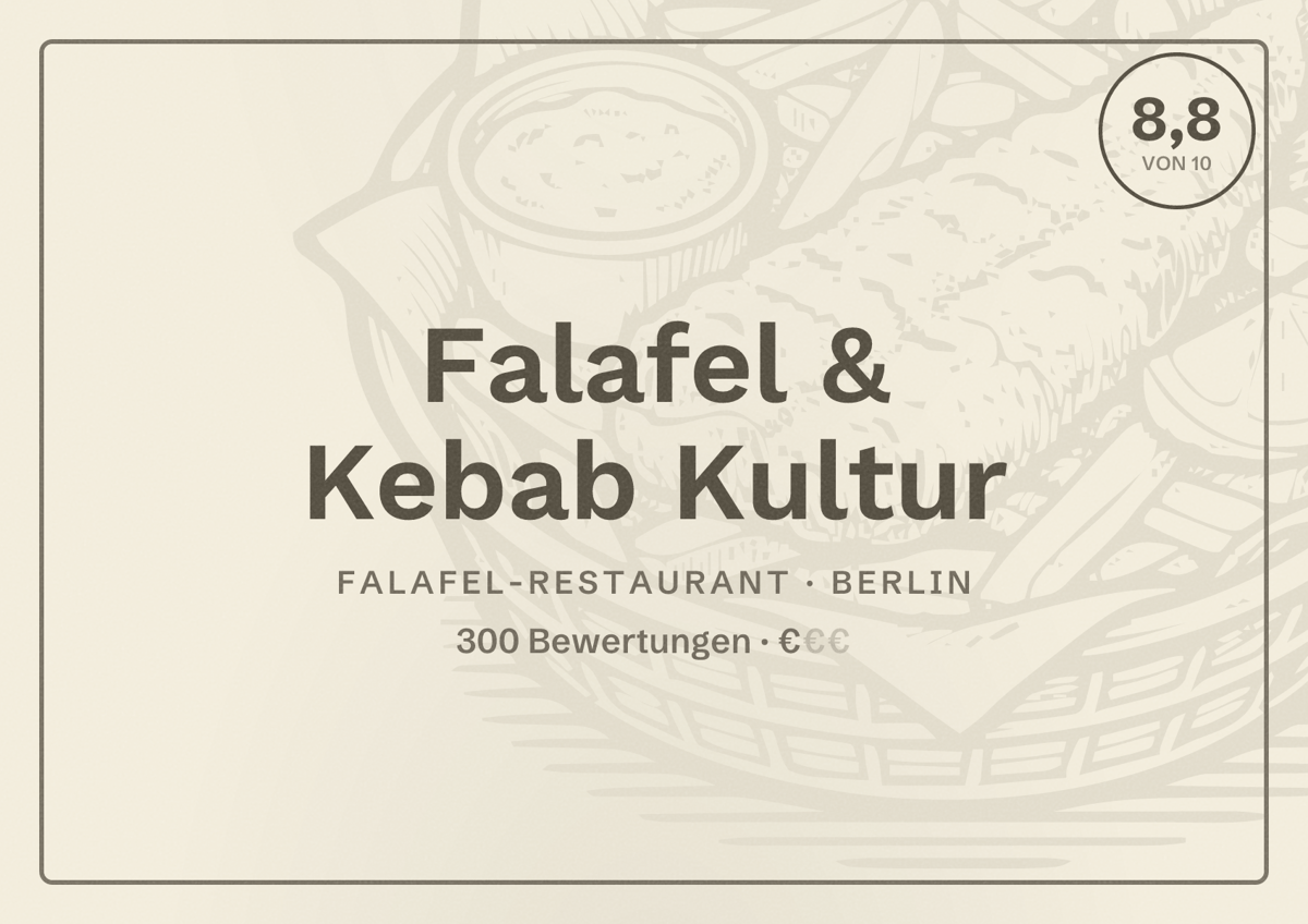 Illustriertes Poster von Falafel & Kebab Kultur, Falafel-Restaurant in Berlin: Bewertung 8,8 von 10 aus 300 Bewertungen, Preisniveau €