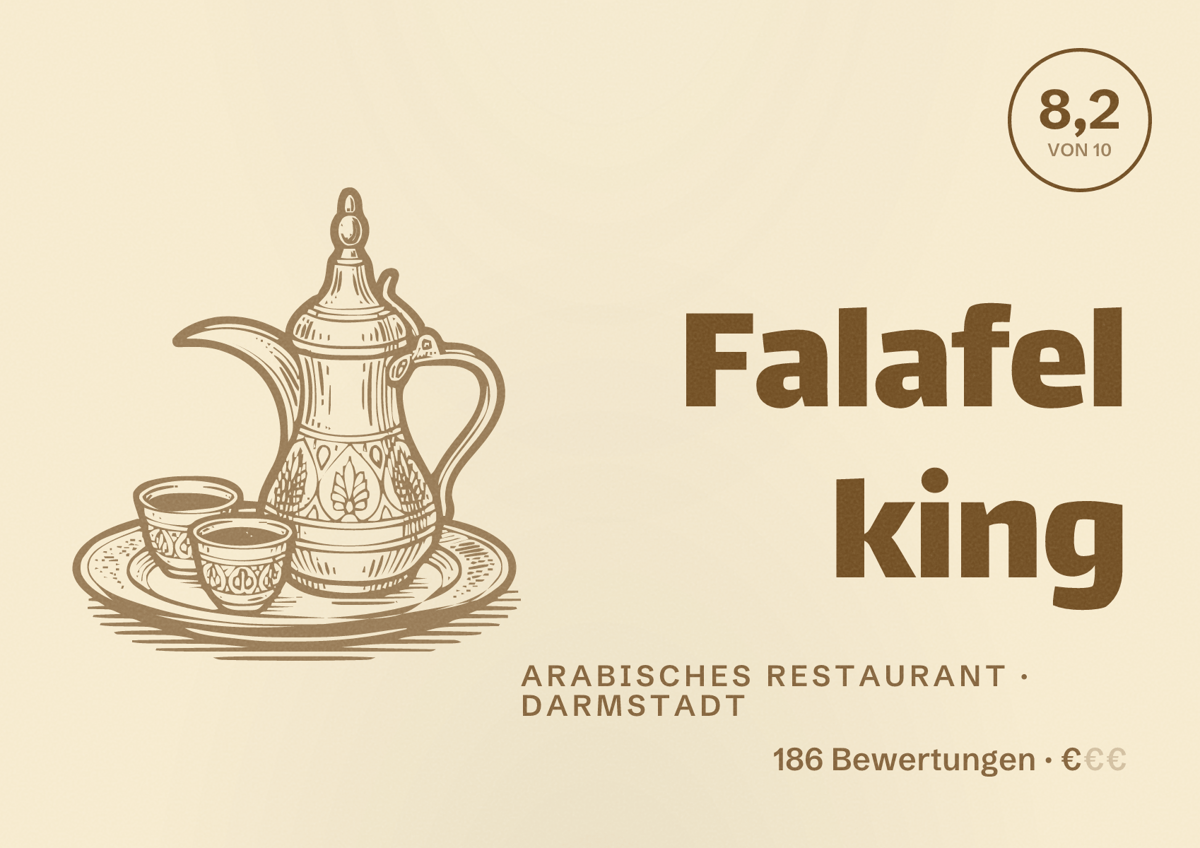Illustriertes Poster von Falafel king, Arabisches Restaurant in Darmstadt: Bewertung 8,2 von 10 aus 186 Bewertungen, Preisniveau €
