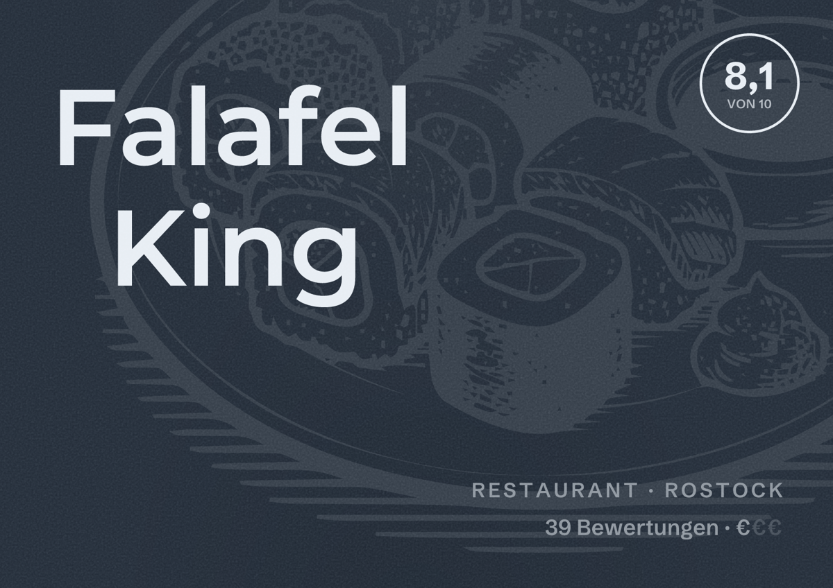Illustriertes Poster von Falafel King, Restaurant in Rostock: Bewertung 8,1 von 10 aus 39 Bewertungen, Preisniveau €