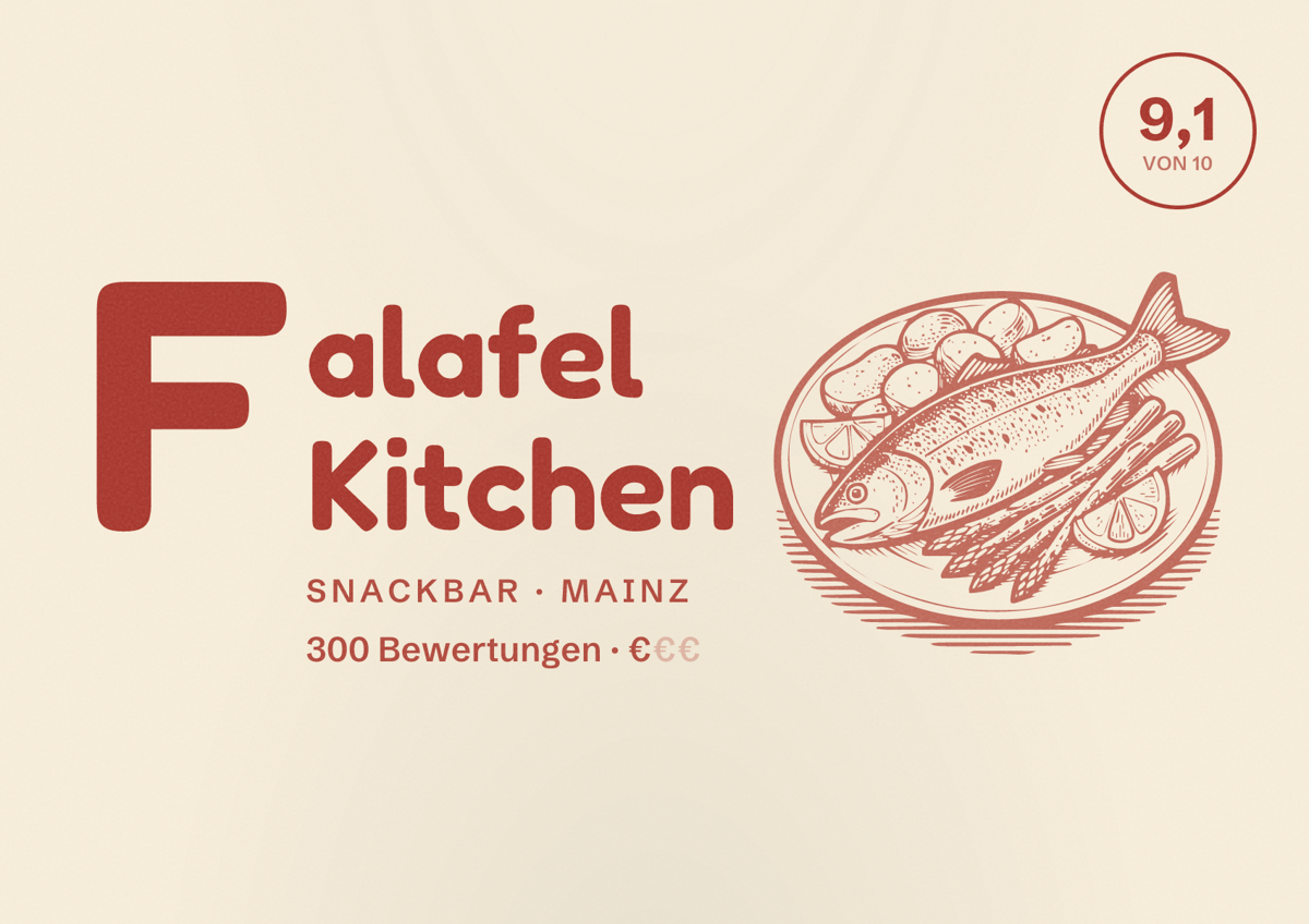 Illustriertes Poster von Falafel Kitchen, Snackbar in Mainz: Bewertung 9,1 von 10 aus 300 Bewertungen, Preisniveau €