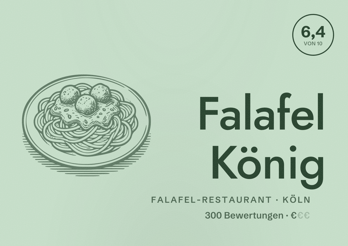Illustriertes Poster von Falafel König, Falafel-Restaurant in Köln: Bewertung 6,4 von 10 aus 300 Bewertungen, Preisniveau €