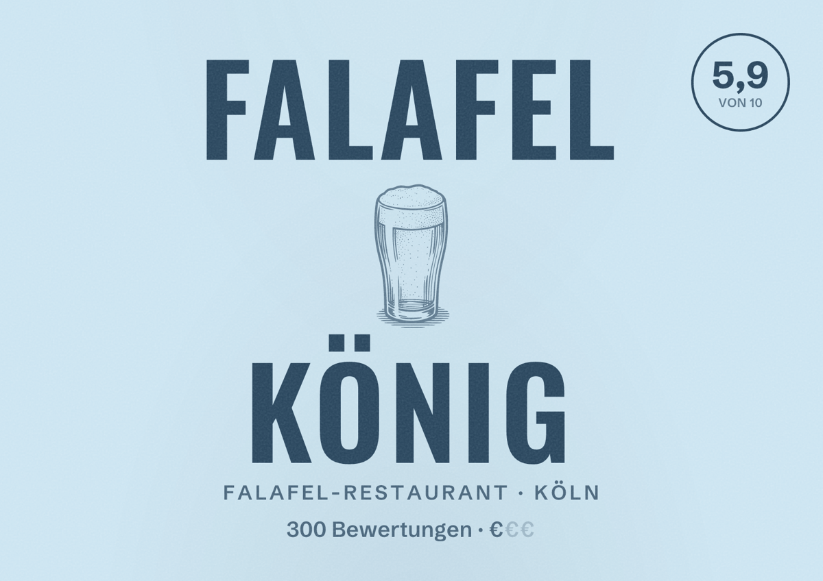 Illustriertes Poster von Falafel König, Falafel-Restaurant in Köln: Bewertung 5,9 von 10 aus 300 Bewertungen, Preisniveau €