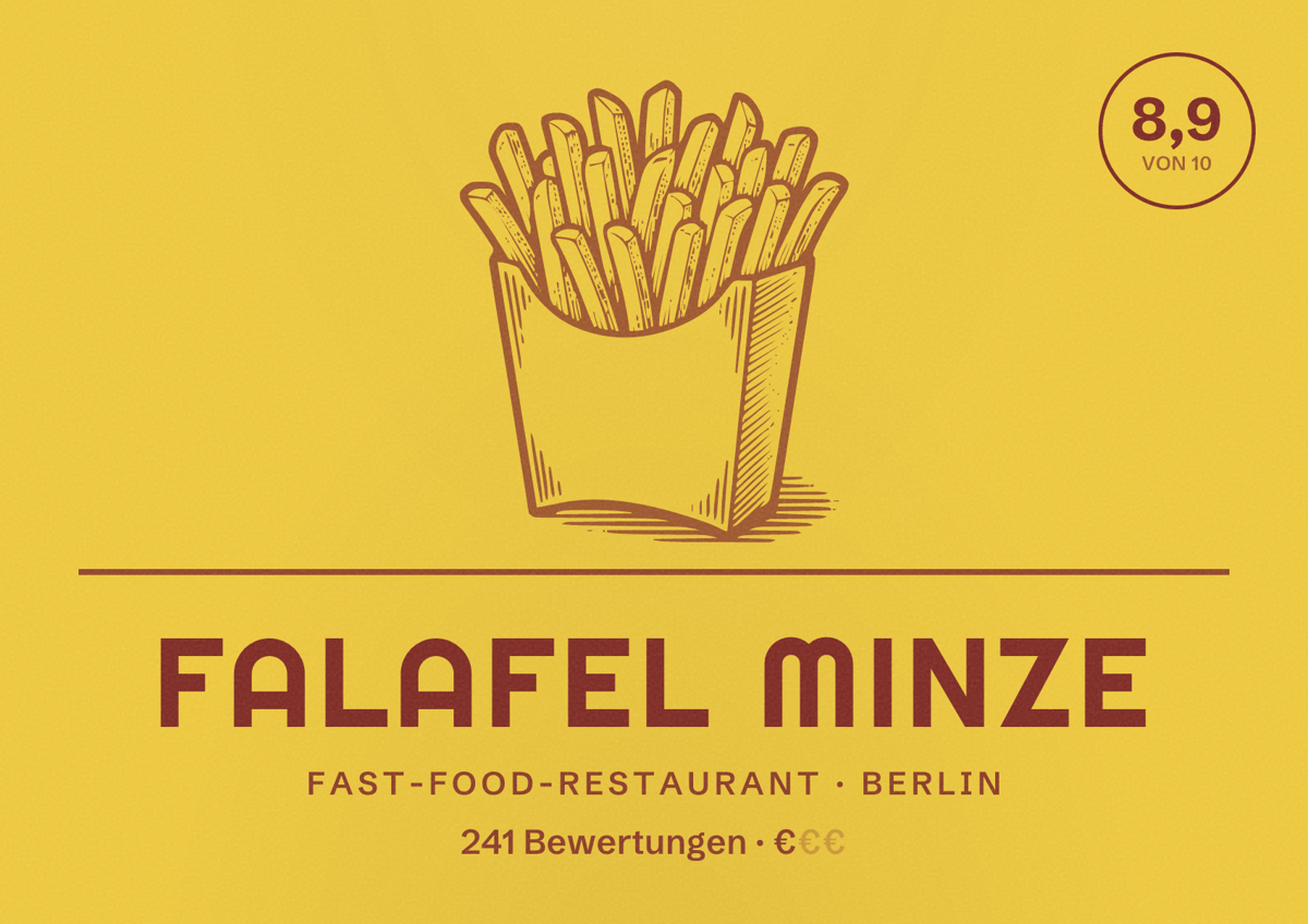 Illustriertes Poster von Falafel Minze, Fast-Food-Restaurant in Berlin: Bewertung 8,9 von 10 aus 241 Bewertungen, Preisniveau €