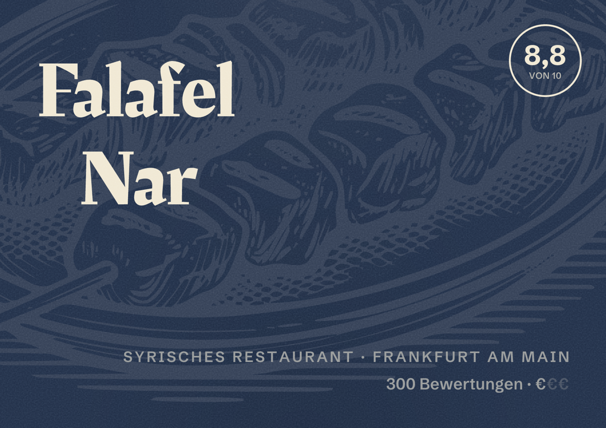 Illustriertes Poster von Falafel Nar, Syrisches Restaurant in Frankfurt am Main: Bewertung 8,8 von 10 aus 300 Bewertungen, Preisniveau €