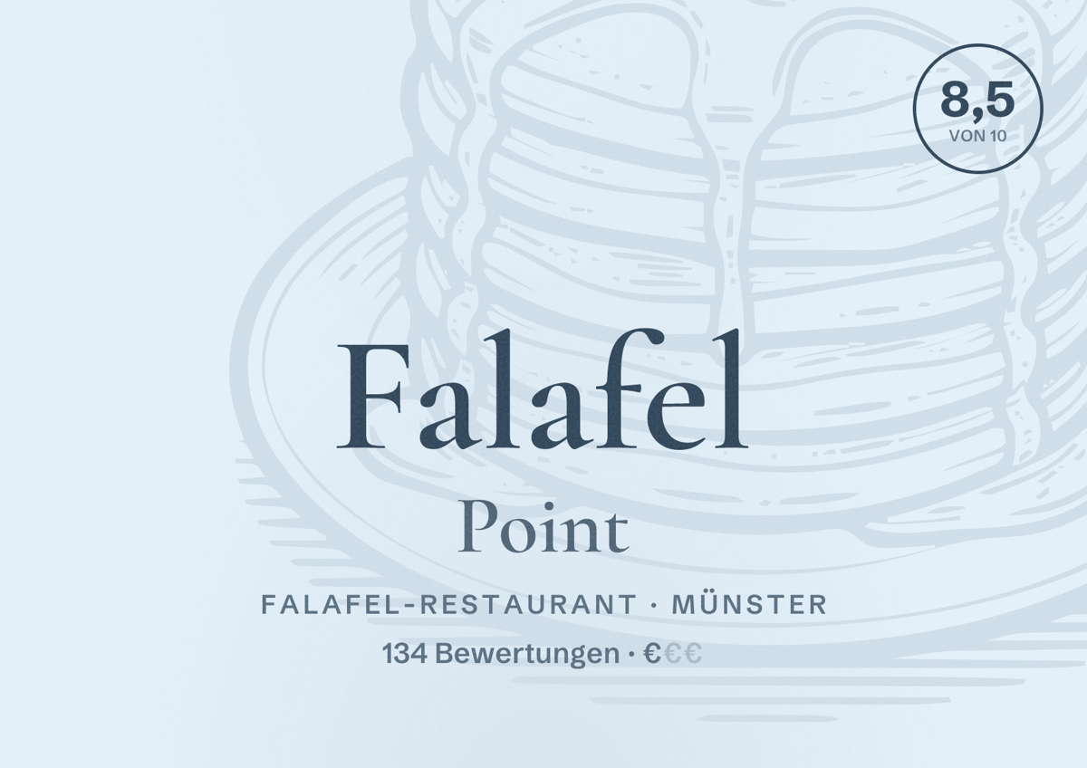Illustriertes Poster von Falafel Point, Falafel-Restaurant in Münster: Bewertung 8,5 von 10 aus 134 Bewertungen, Preisniveau €