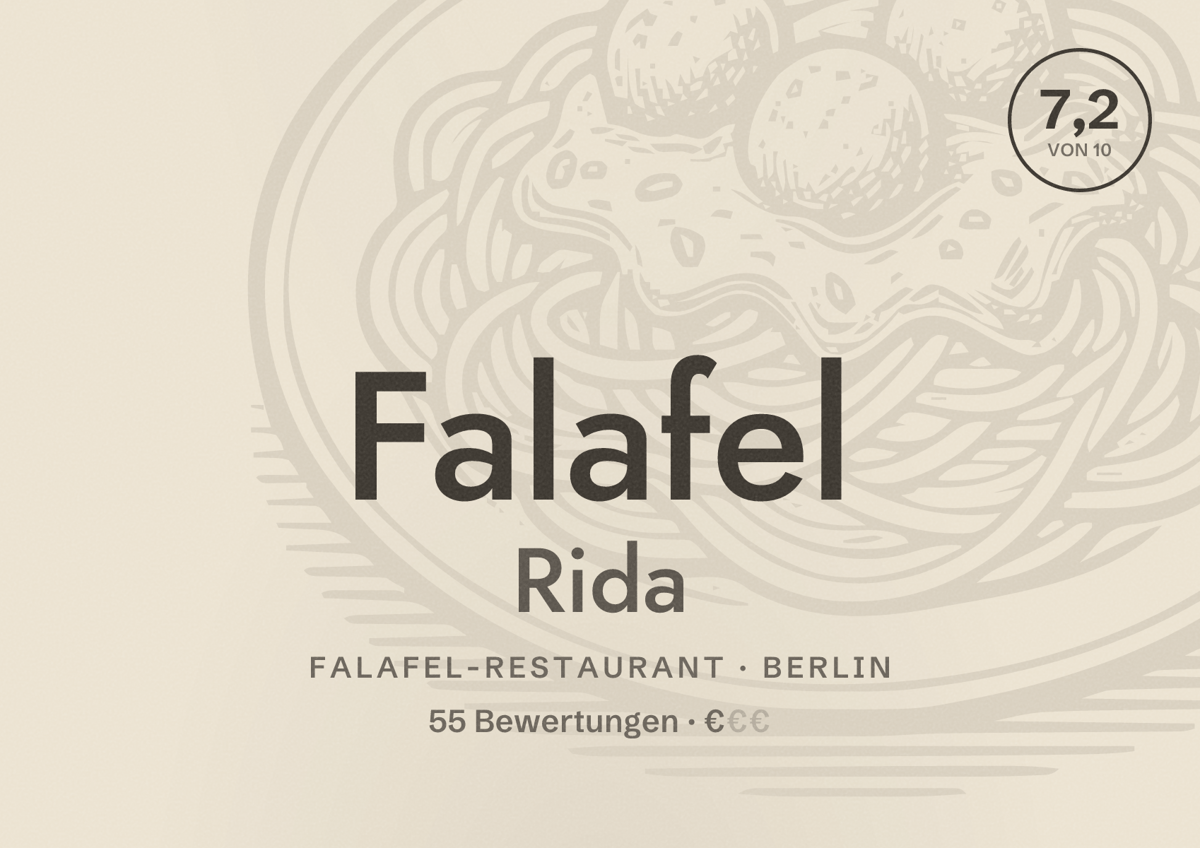 Illustriertes Poster von Falafel Rida, Falafel-Restaurant in Berlin: Bewertung 7,2 von 10 aus 55 Bewertungen, Preisniveau €