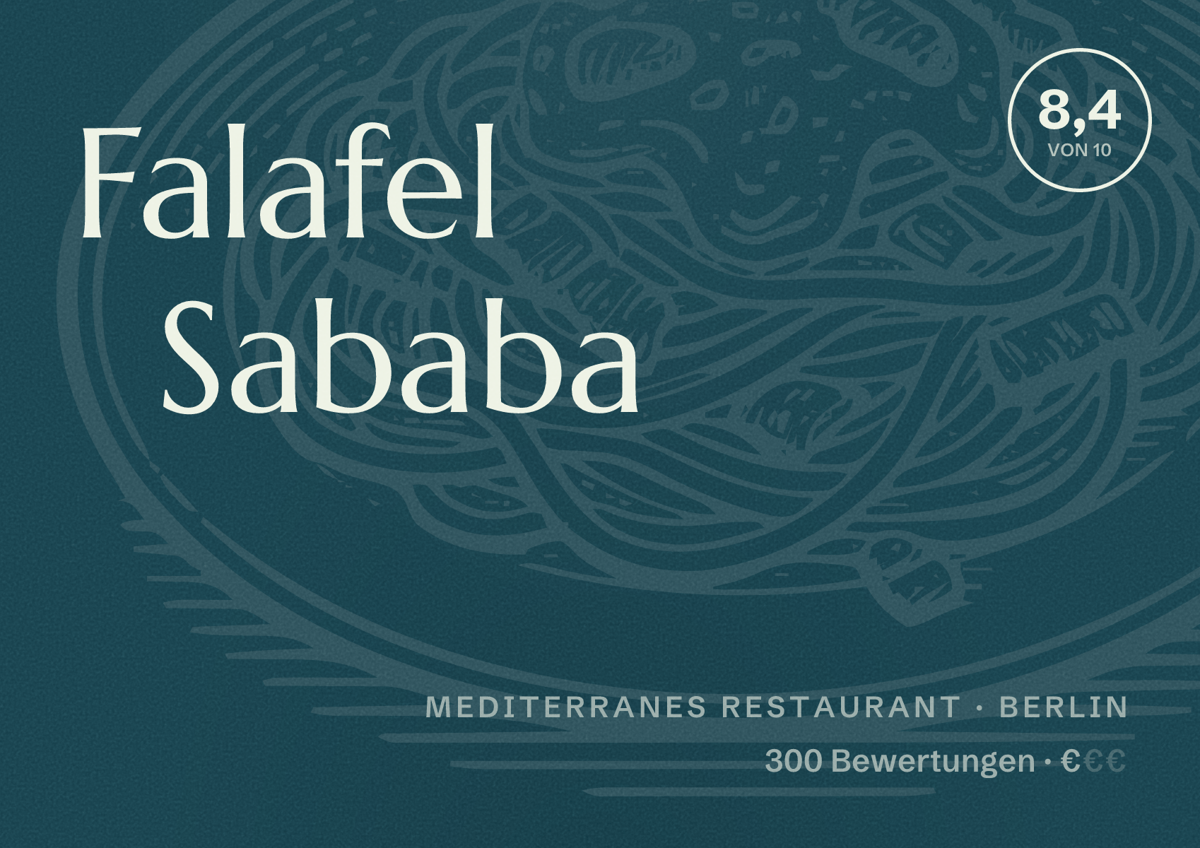 Illustriertes Poster von Falafel Sababa, Mediterranes Restaurant in Berlin: Bewertung 8,4 von 10 aus 300 Bewertungen, Preisniveau €