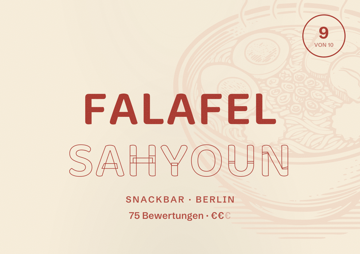 Illustriertes Poster von Falafel Sahyoun, Snackbar in Berlin: Bewertung 9,0 von 10 aus 75 Bewertungen, Preisniveau €€