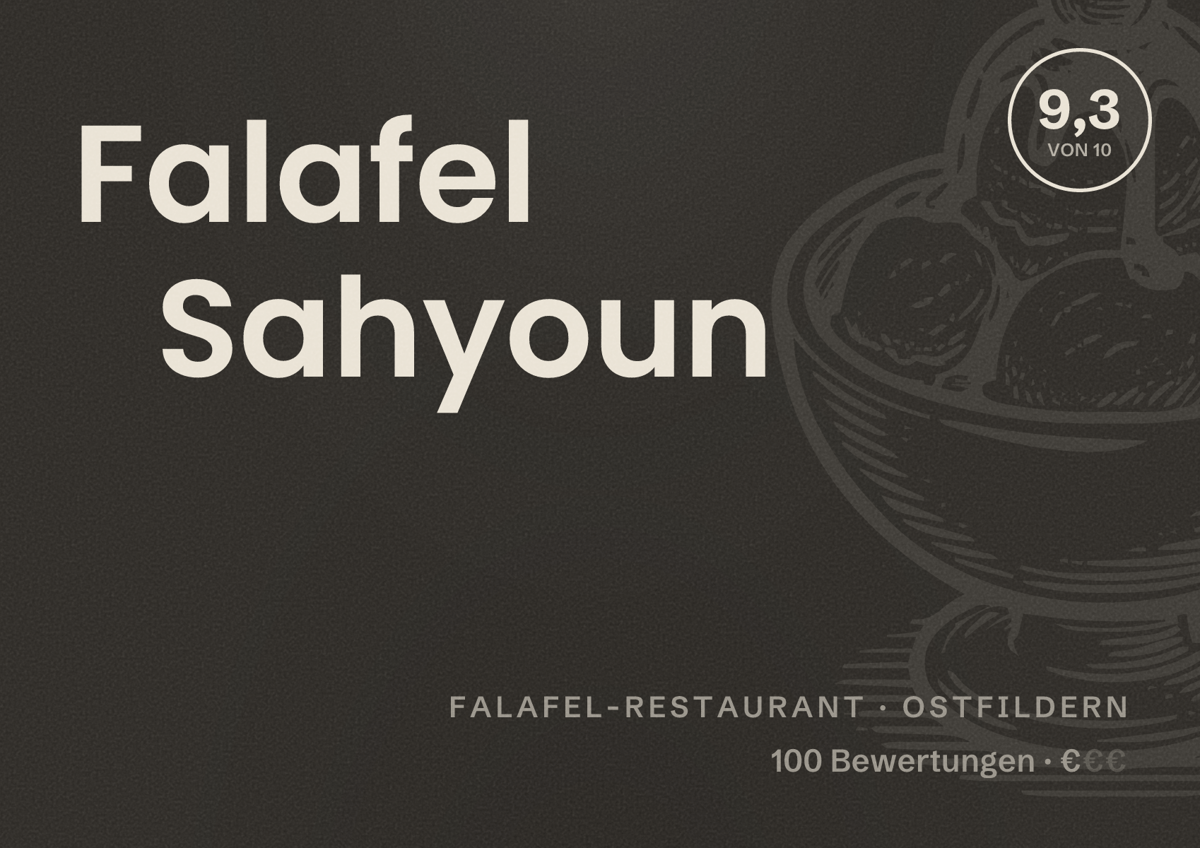 Illustriertes Poster von Falafel Sahyoun, Falafel-Restaurant in Ostfildern: Bewertung 9,3 von 10 aus 100 Bewertungen, Preisniveau €