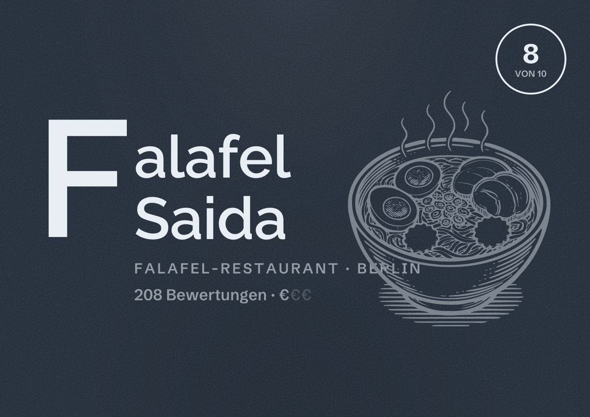 Illustriertes Poster von Falafel Saida, Falafel-Restaurant in Berlin: Bewertung 8,0 von 10 aus 208 Bewertungen, Preisniveau €