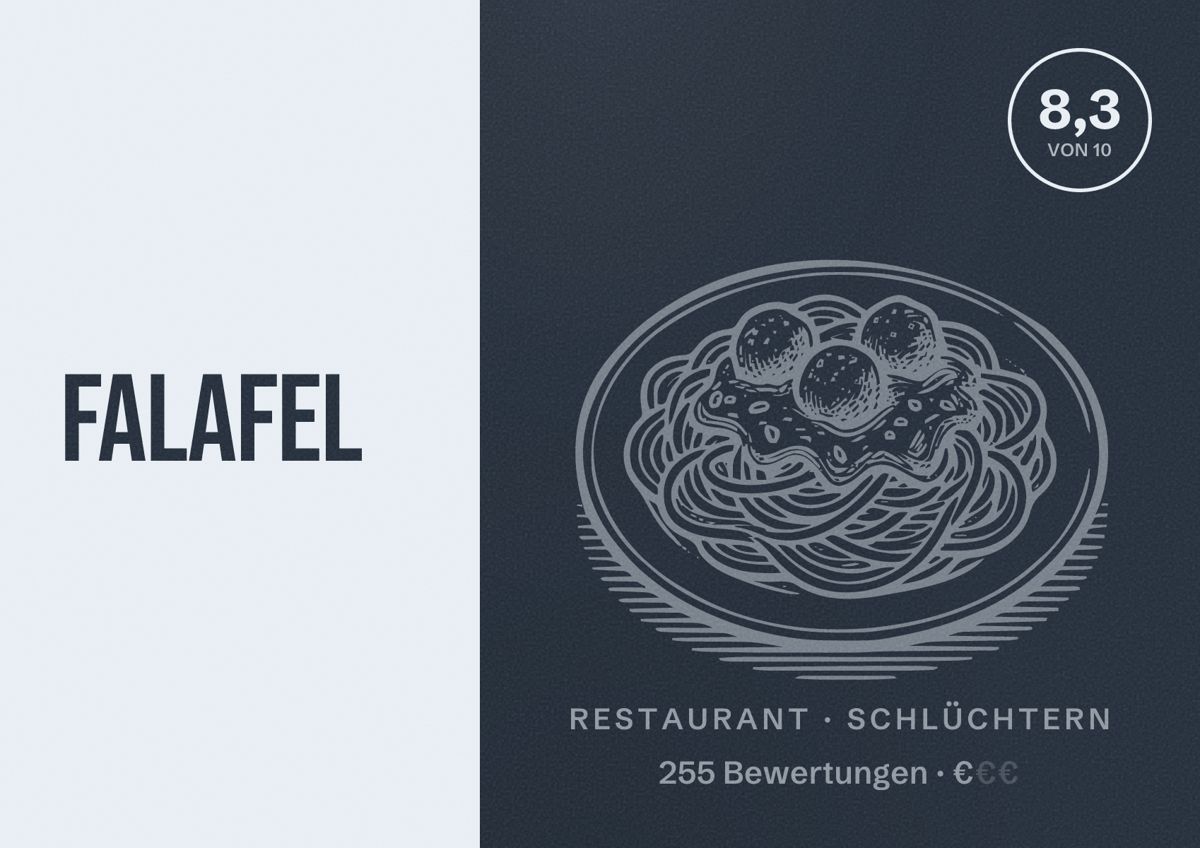 Illustriertes Poster von Falafel, Restaurant in Schlüchtern: Bewertung 8,3 von 10 aus 255 Bewertungen, Preisniveau €
