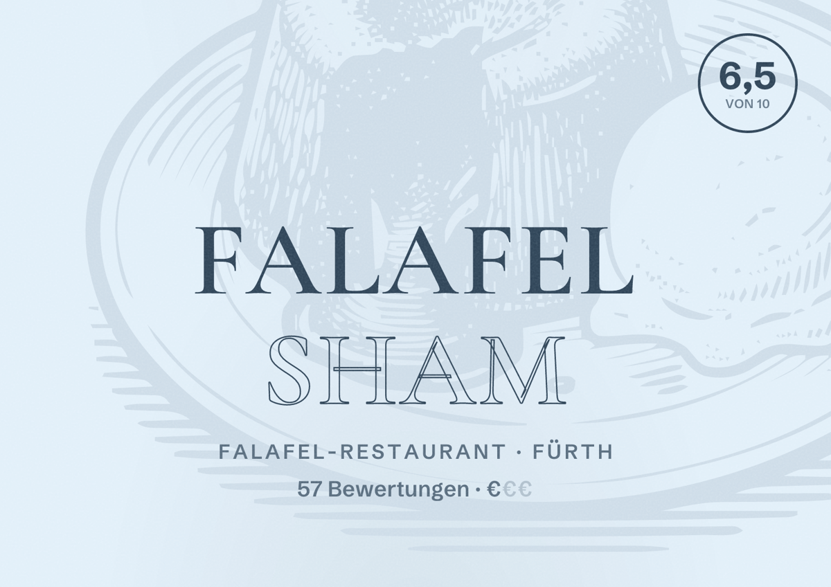 Illustriertes Poster von Falafel sham, Falafel-Restaurant in Fürth: Bewertung 6,5 von 10 aus 57 Bewertungen, Preisniveau €