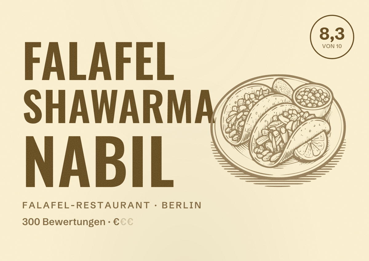 Illustriertes Poster von Falafel Shawarma Nabil, Falafel-Restaurant in Berlin: Bewertung 8,3 von 10 aus 300 Bewertungen, Preisniveau €