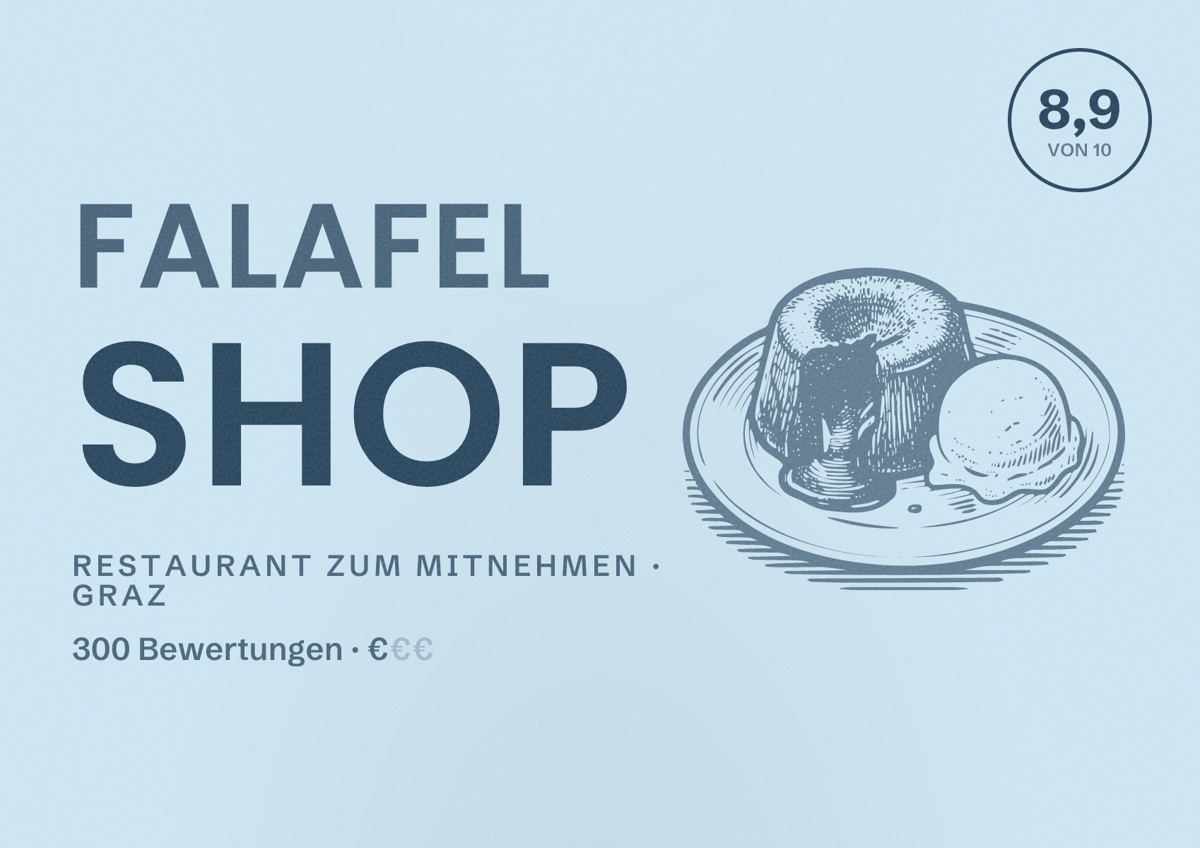 Illustriertes Poster von Falafel Shop, Restaurant zum Mitnehmen in Graz: Bewertung 8,9 von 10 aus 300 Bewertungen, Preisniveau €