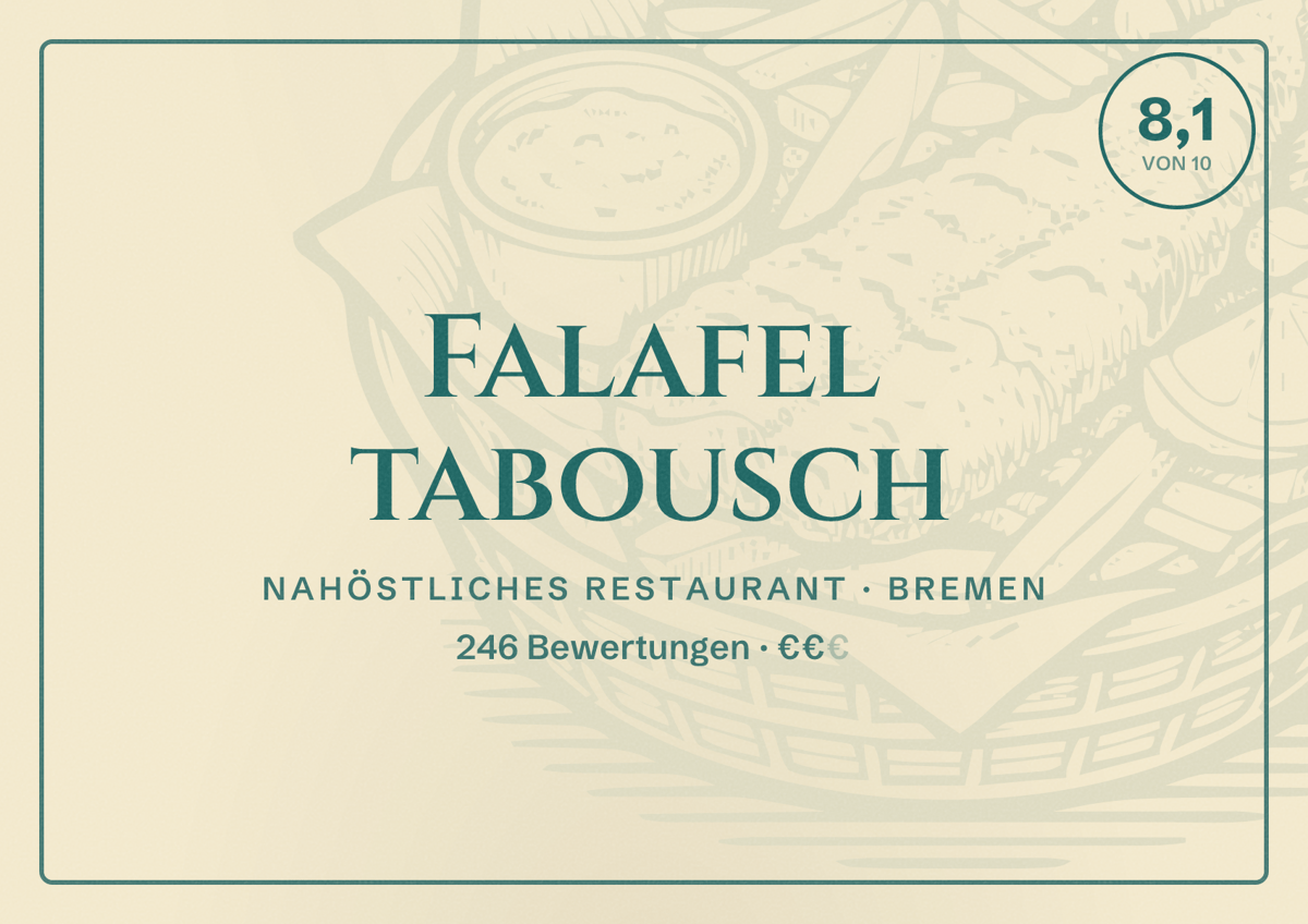 Illustriertes Poster von Falafel tabousch, Nahöstliches Restaurant in Bremen: Bewertung 8,1 von 10 aus 246 Bewertungen, Preisniveau €€