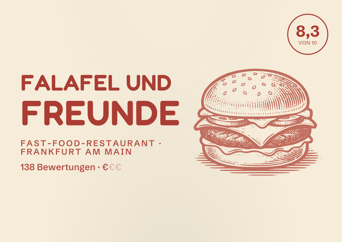 Illustriertes Poster von Falafel und Freunde, Fast-Food-Restaurant in Frankfurt am Main: Bewertung 8,3 von 10 aus 138 Bewertungen, Preisniveau €