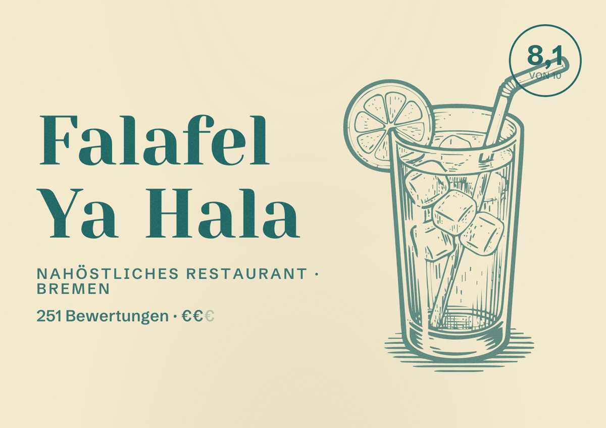 Illustriertes Poster von Falafel Ya Hala, Nahöstliches Restaurant in Bremen: Bewertung 8,1 von 10 aus 251 Bewertungen, Preisniveau €€