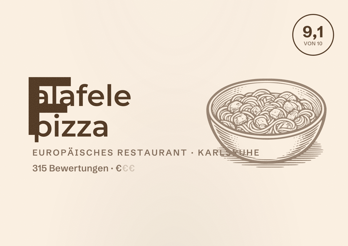 Illustriertes Poster von Falafele pizza, Europäisches Restaurant in Karlsruhe: Bewertung 9,1 von 10 aus 315 Bewertungen, Preisniveau €