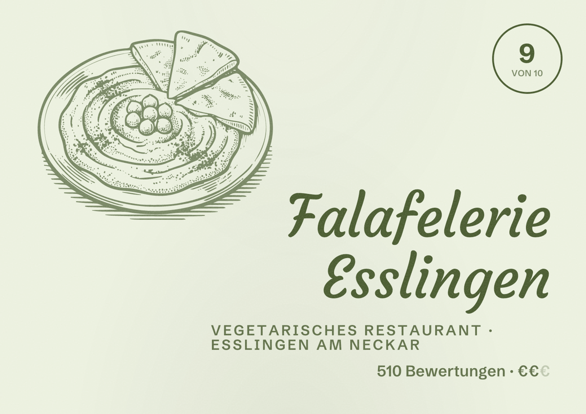 Illustriertes Poster von Falafelerie Esslingen, Vegetarisches Restaurant in Esslingen am Neckar: Bewertung 9,0 von 10 aus 510 Bewertungen, Preisniveau €€