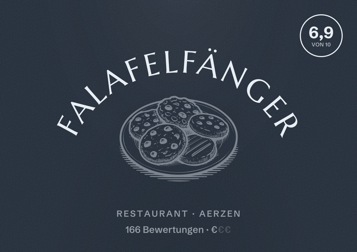 Illustriertes Poster von Falafelfänger, Restaurant in Aerzen: Bewertung 6,9 von 10 aus 166 Bewertungen, Preisniveau €