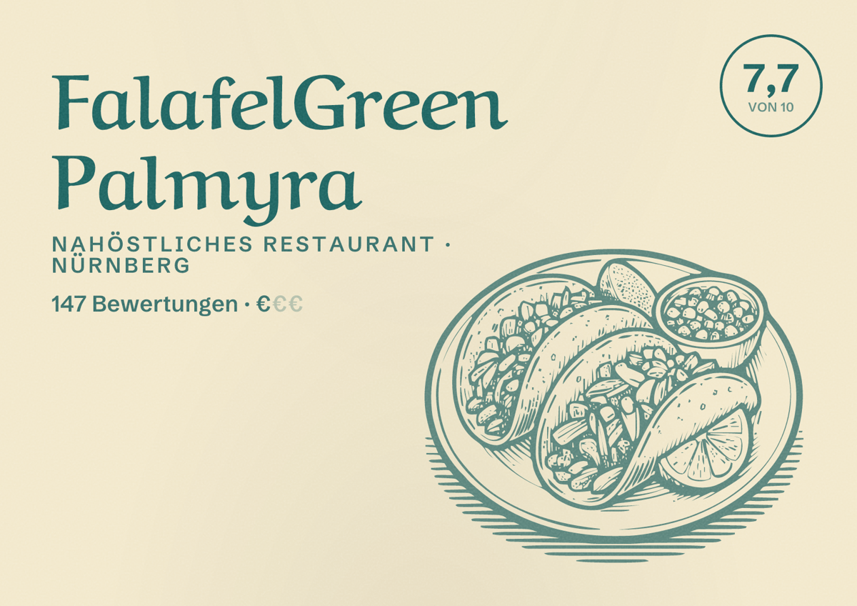 Illustriertes Poster von FalafelGreen Palmyra, Nahöstliches Restaurant in Nürnberg: Bewertung 7,7 von 10 aus 147 Bewertungen, Preisniveau €
