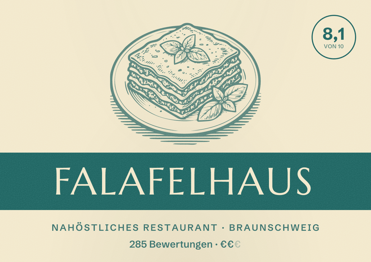 Illustriertes Poster von falafelhaus, Nahöstliches Restaurant in Braunschweig: Bewertung 8,1 von 10 aus 285 Bewertungen, Preisniveau €€