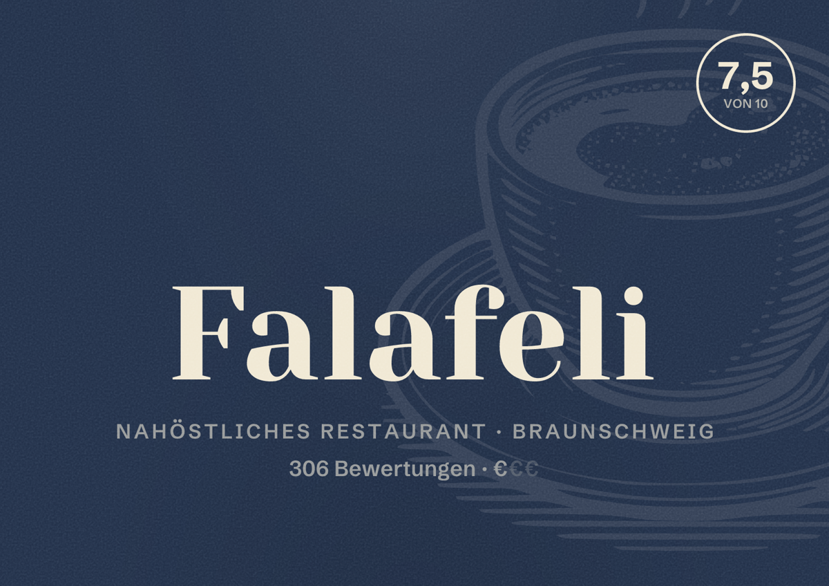 Illustriertes Poster von Falafeli, Nahöstliches Restaurant in Braunschweig: Bewertung 7,5 von 10 aus 306 Bewertungen, Preisniveau €