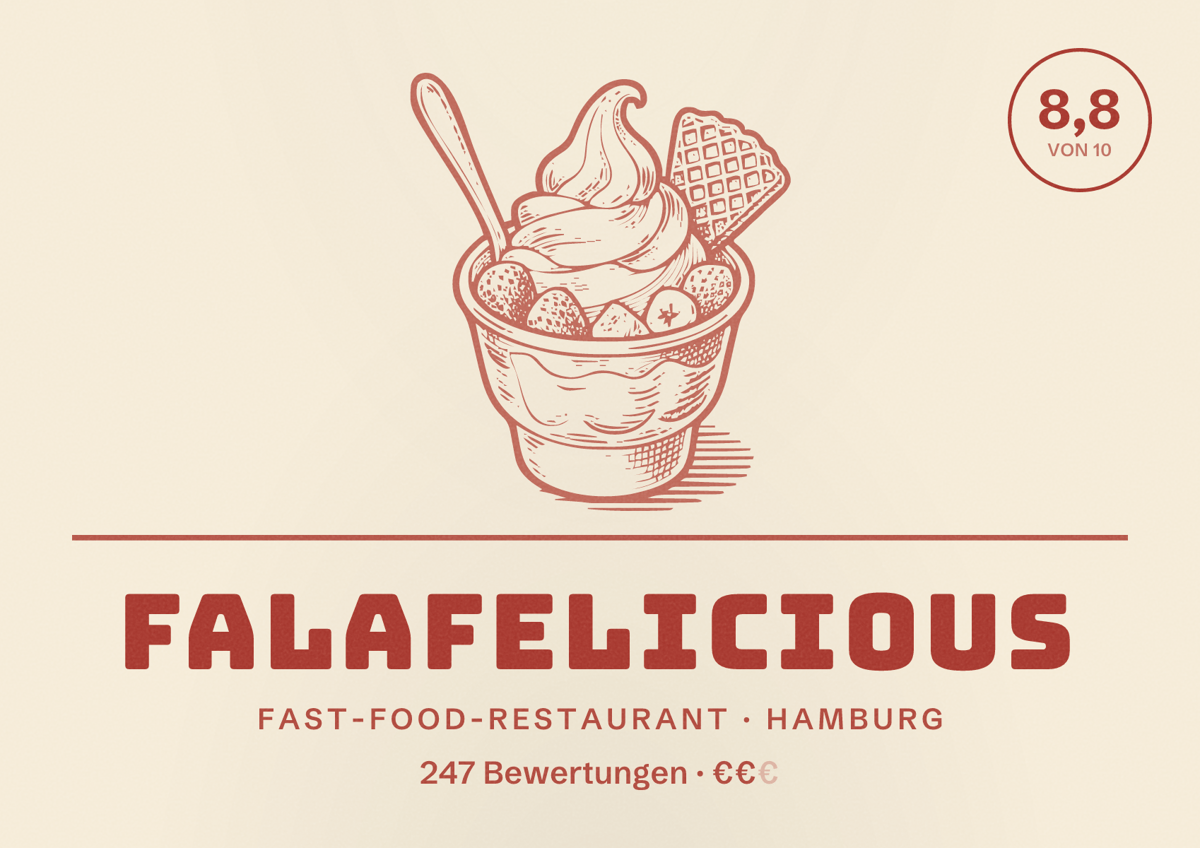 Illustriertes Poster von Falafelicious, Fast-Food-Restaurant in Hamburg: Bewertung 8,8 von 10 aus 247 Bewertungen, Preisniveau €€