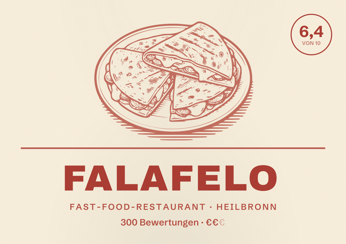 Illustriertes Poster von FALAFELO, Fast-Food-Restaurant in Heilbronn: Bewertung 6,4 von 10 aus 300 Bewertungen, Preisniveau €€