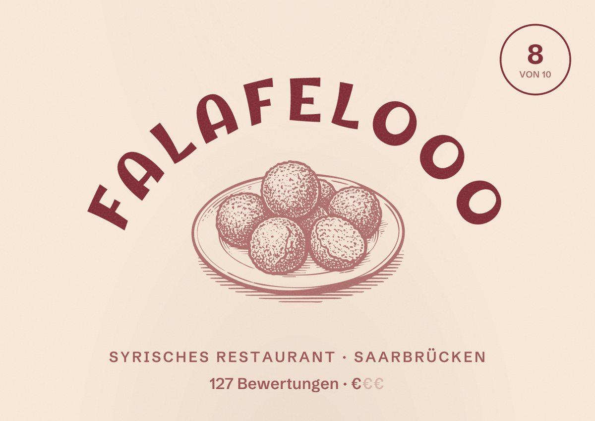 Illustriertes Poster von Falafelooo, Syrisches Restaurant in Saarbrücken: Bewertung 8 von 10 aus 127 Bewertungen, Preisniveau €