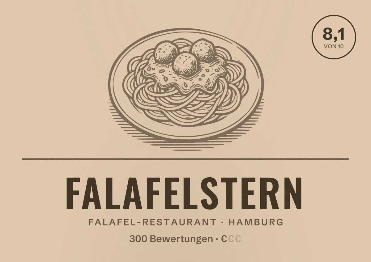 Illustriertes Poster von Falafelstern, Falafel-Restaurant in Hamburg: Bewertung 8,1 von 10 aus 300 Bewertungen, Preisniveau €
