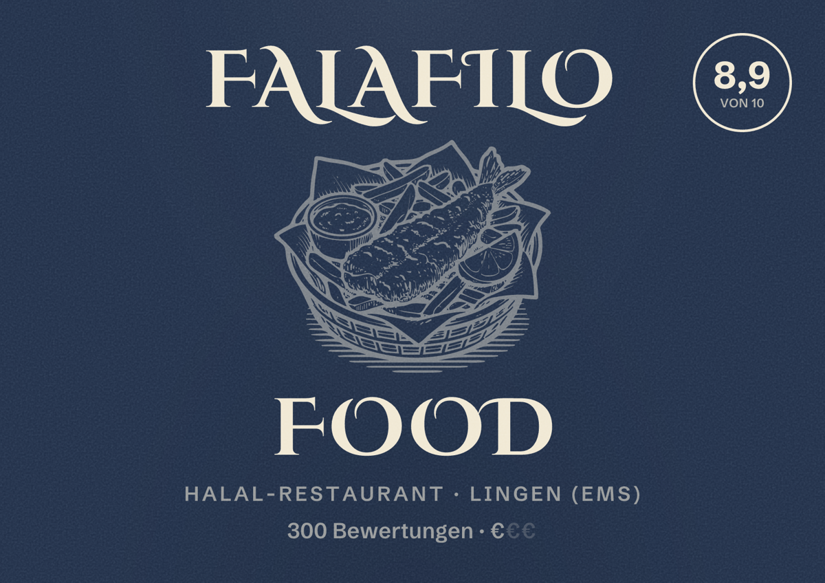 Illustriertes Poster von Falafilo Food, Halal-Restaurant in Lingen (Ems): Bewertung 8,9 von 10 aus 300 Bewertungen, Preisniveau €