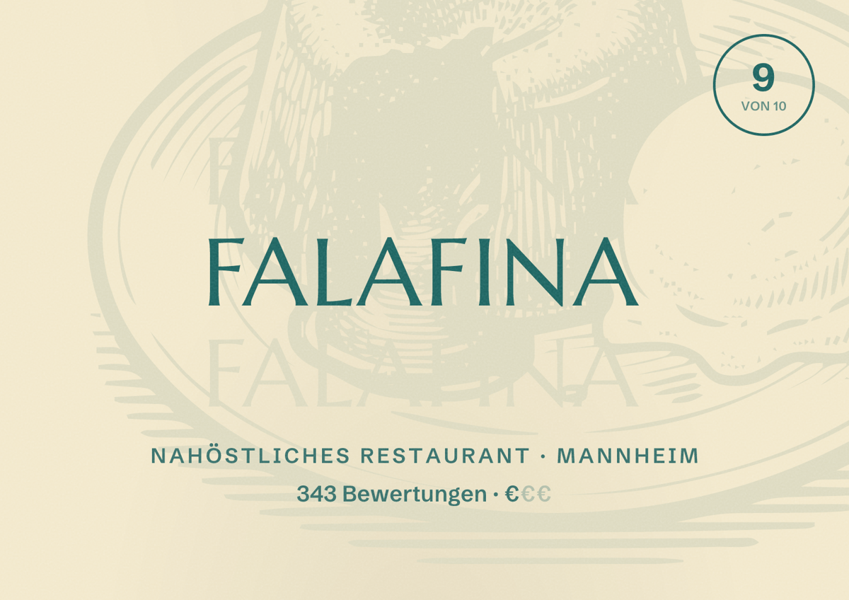 Illustriertes Poster von Falafina, Nahöstliches Restaurant in Mannheim: Bewertung 9 von 10 aus 343 Bewertungen, Preisniveau €