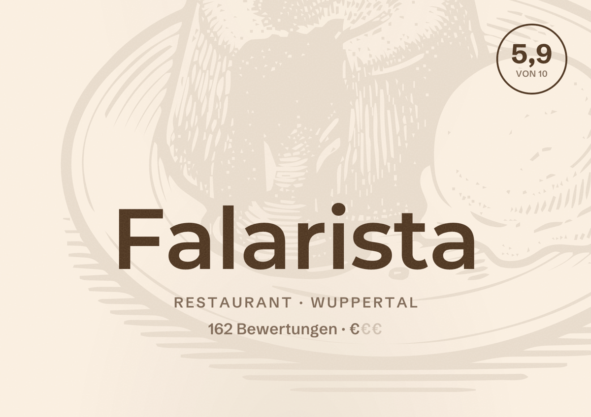 Illustriertes Poster von Falarista, Restaurant in Wuppertal: Bewertung 5,9 von 10 aus 162 Bewertungen, Preisniveau €