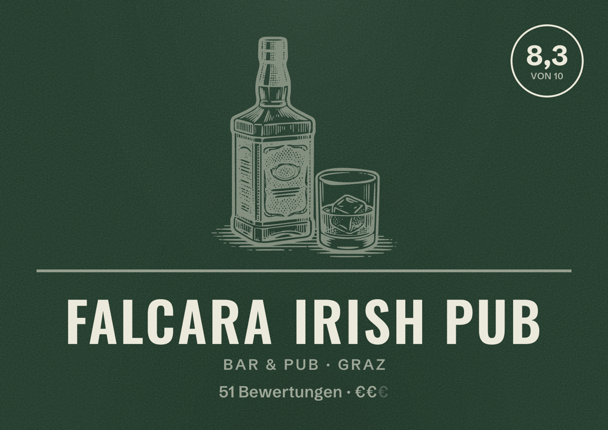 Illustriertes Poster von Falcara Irish Pub, Bar & Pub in Graz: Bewertung 8,3 von 10 aus 51 Bewertungen, Preisniveau €€