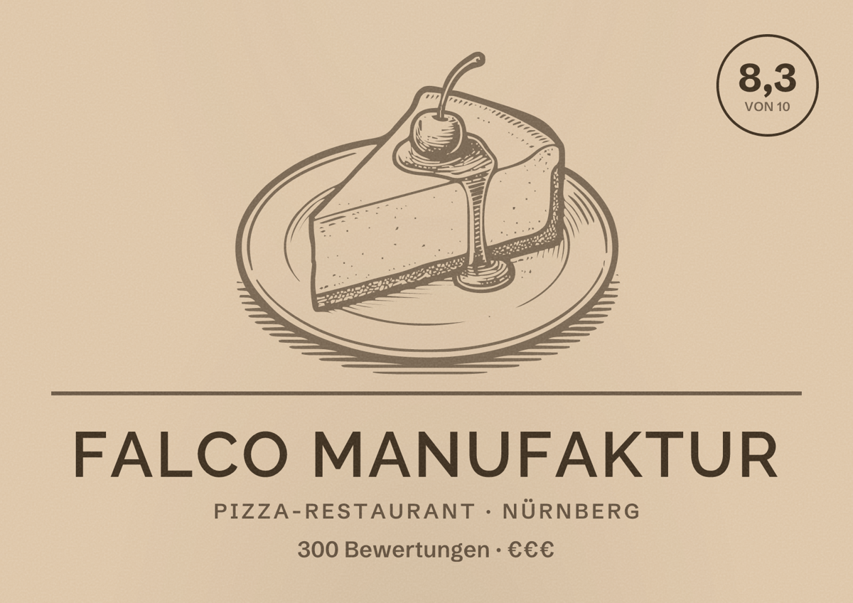 Illustriertes Poster von Falco Manufaktur, Pizza-Restaurant in Nürnberg: Bewertung 8,3 von 10 aus 300 Bewertungen, Preisniveau €€€