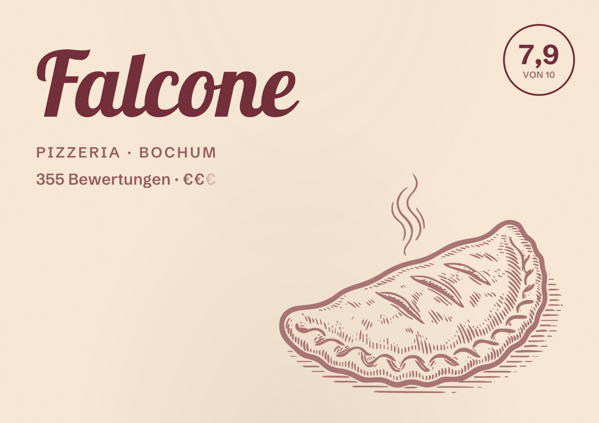 Illustriertes Poster von Falcone, Pizzeria in Bochum: Gästebewertung 7,9 von 10 aus 355 Bewertungen