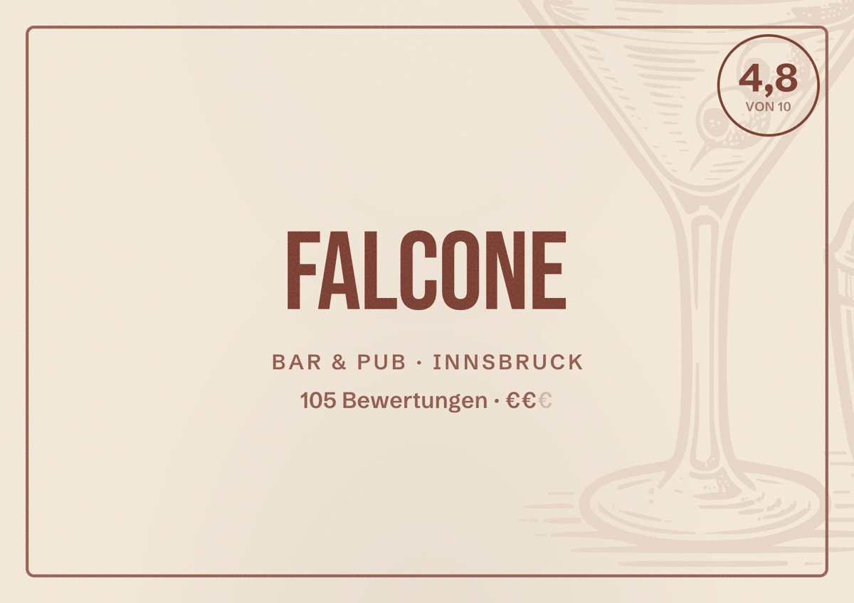 Illustriertes Poster von Falcone, Bar & Pub in Innsbruck: Bewertung 4,8 von 10 aus 105 Bewertungen, Preisniveau €€