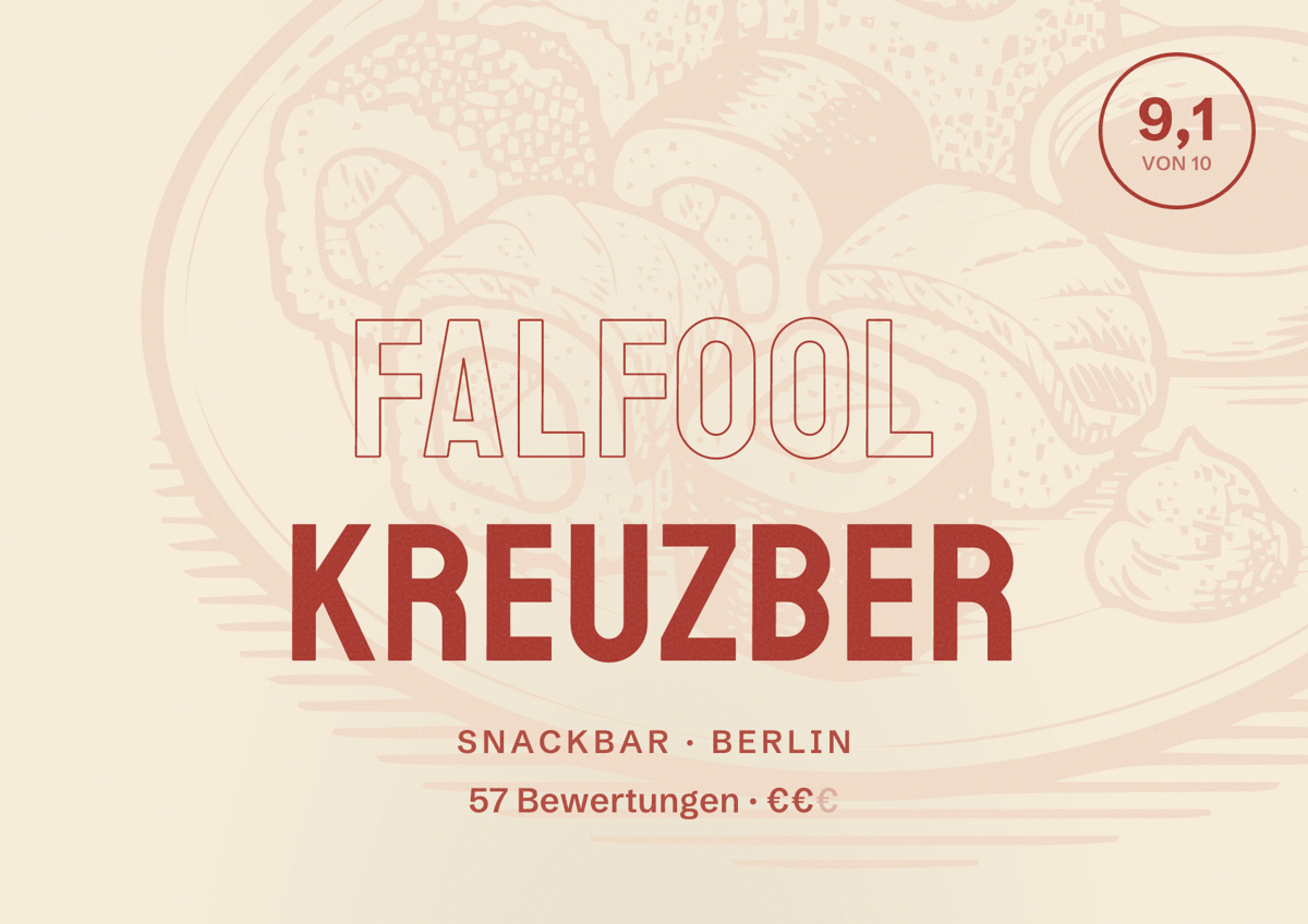 Illustriertes Poster von Falfool Kreuzber, Snackbar in Berlin: Bewertung 9,1 von 10 aus 57 Bewertungen, Preisniveau €€