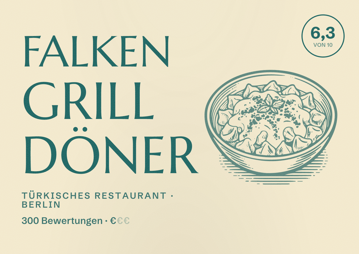 Illustriertes Poster von Falken Grill Döner, Türkisches Restaurant in Berlin: Bewertung 6,3 von 10 aus 300 Bewertungen, Preisniveau €